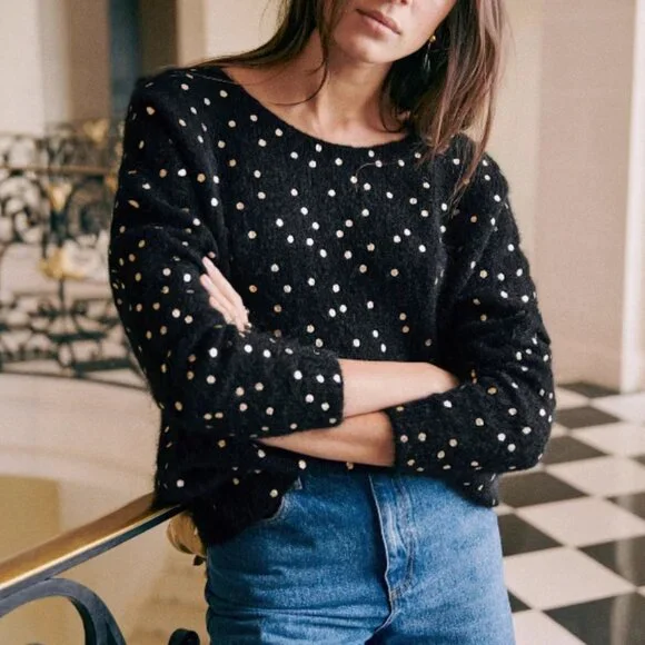 NWT Sezane Lizy Cardigan Small Black Gold Polka Dot French Wool Causal - Picture 2 of 6